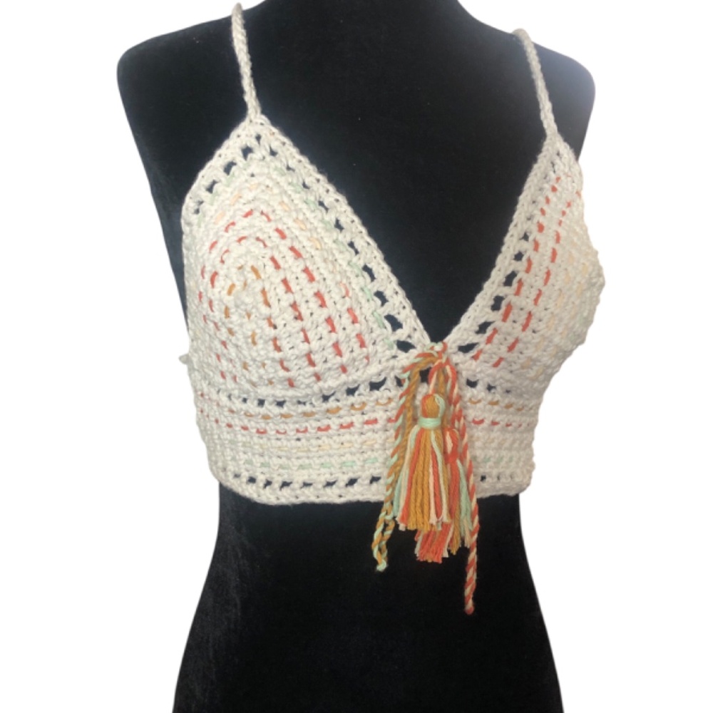 Handmade Crochet Crop Top – Bohemian Juneteenth Festival Bralette w/Tassels - Picture 7 of 16